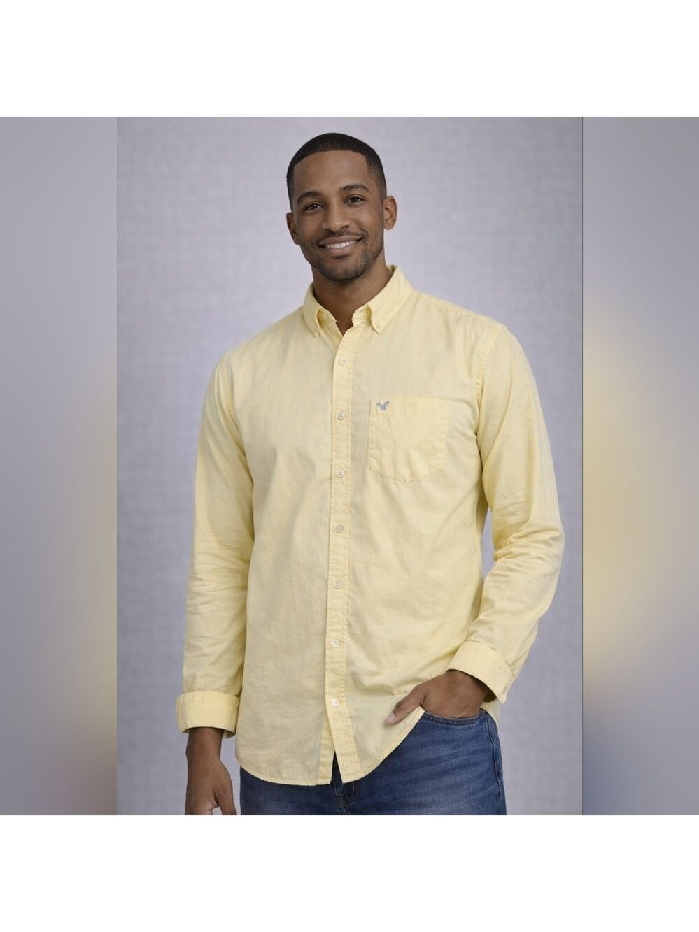 American Eagle Yellow Button Down Shirt Men L Athletic Fit Casual
